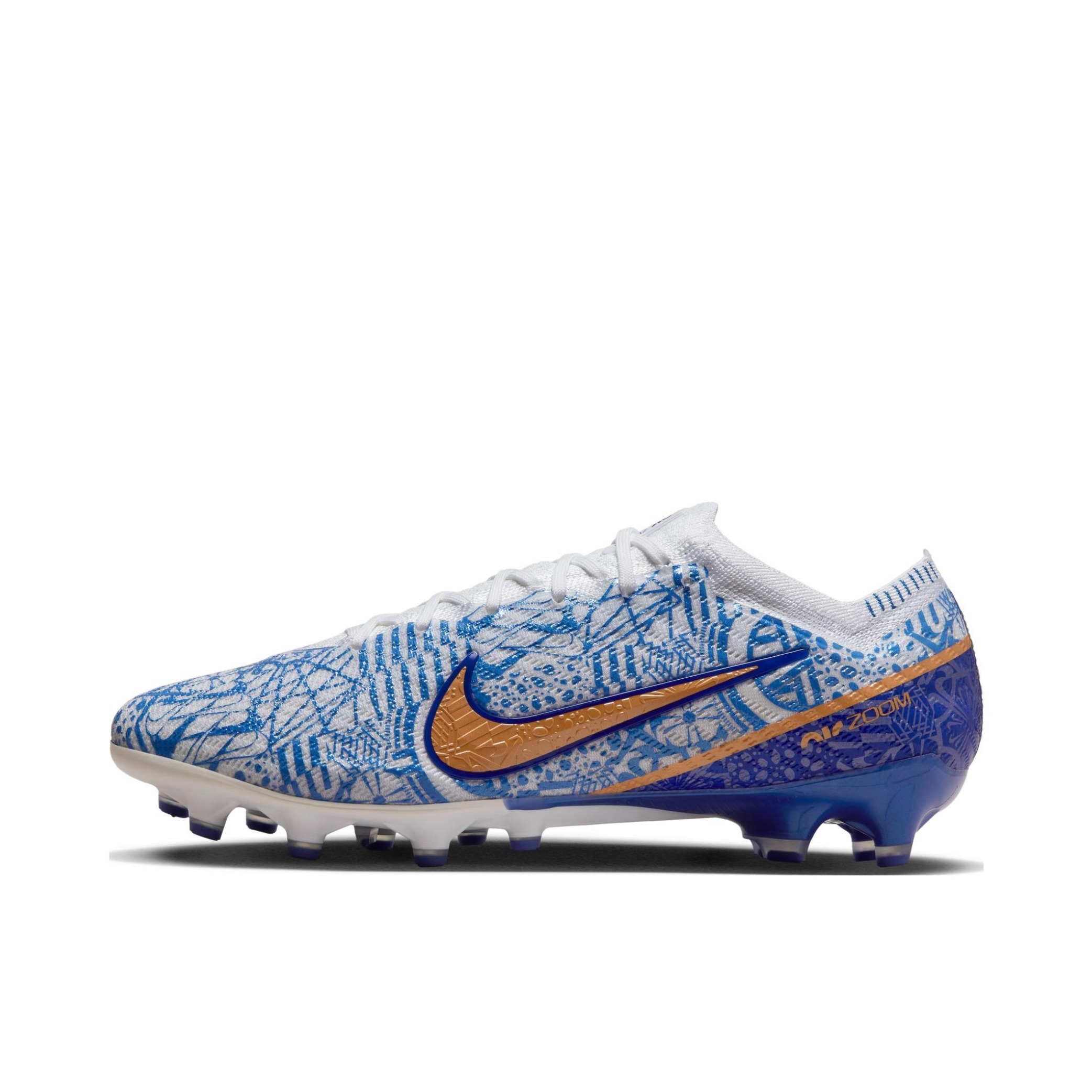 推荐商品：Nike Zoom Mercurial Vapor 15 Elite Pro AG 超顶级 胶质短钉 人造草地 圆头抓地包裹性织物 足球鞋 白色/蓝色/金色