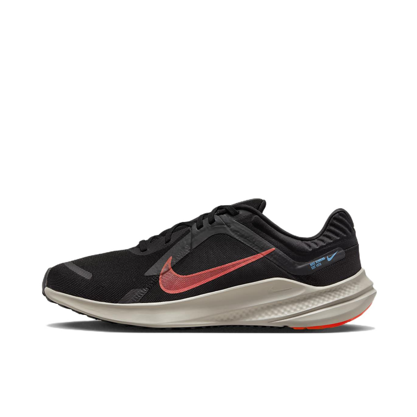推荐商品：Nike Quest 5 跑鞋 缓震防滑耐磨支撑轻便透气轻质运动训练 黑色/亮深红色/卵石灰色