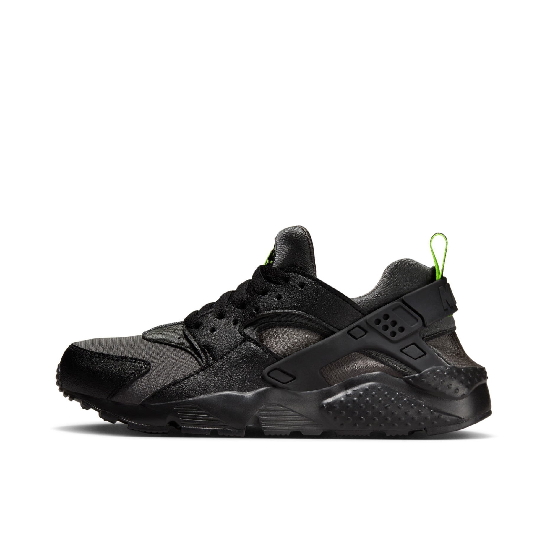 推荐商品：Nike Air Huarache 跑鞋 轻便透气舒适耐磨缓震复古防滑织物合成革运动低帮圆头 GS/铁灰/黑色/荧光黄