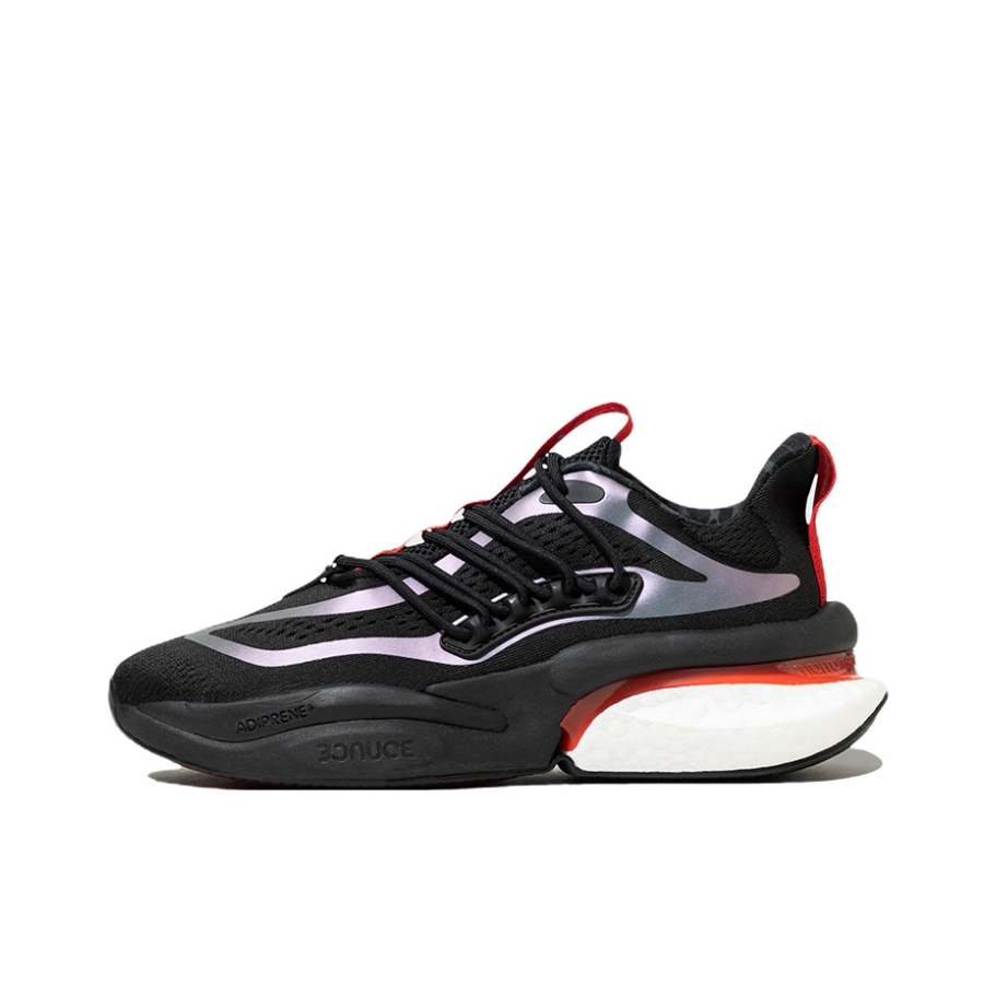 推荐商品：adidas AlphaBoost V1 跑鞋 缓震回弹防滑耐磨网面透气训练轻运动织物合成革轻便 黑色/红色/暗紫色