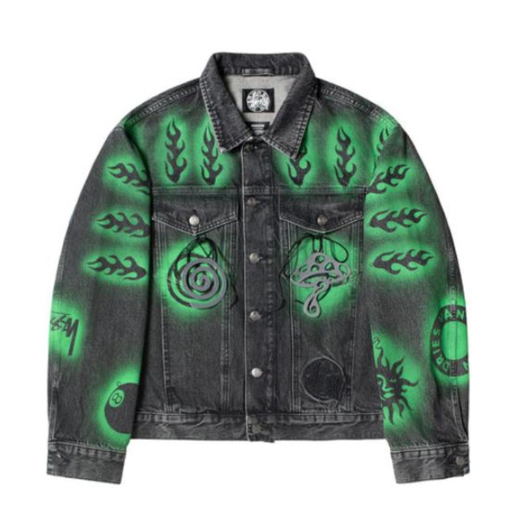 推荐商品：Dries Van Noten x Stussy 联名款 几何图案印花单排扣长袖牛仔夹克外套 315295 绿