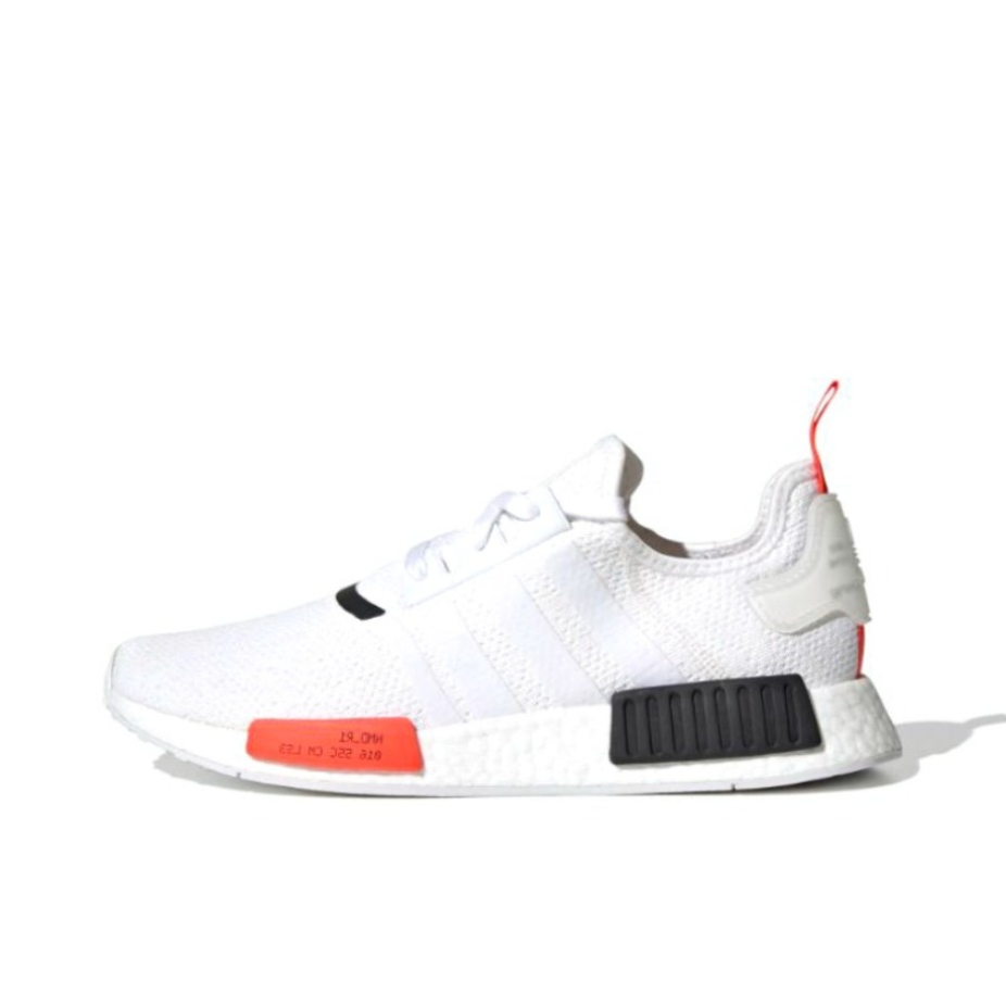 推荐商品：adidas Originals NMD R1 BOOST 织物 轻便透气 缓震 低帮 运动休闲鞋 Serial Pack Cloud White 白色/橘红/黑色
