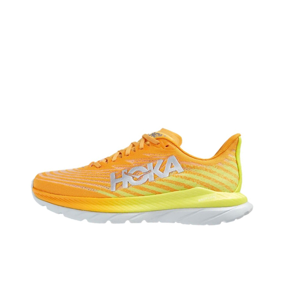 推荐商品：HOKA ONE ONE Mach 5 马赫5 竞速公路 减震回弹 轻便透气 防滑耐磨 织物 碳板 休闲 跑鞋 黄色