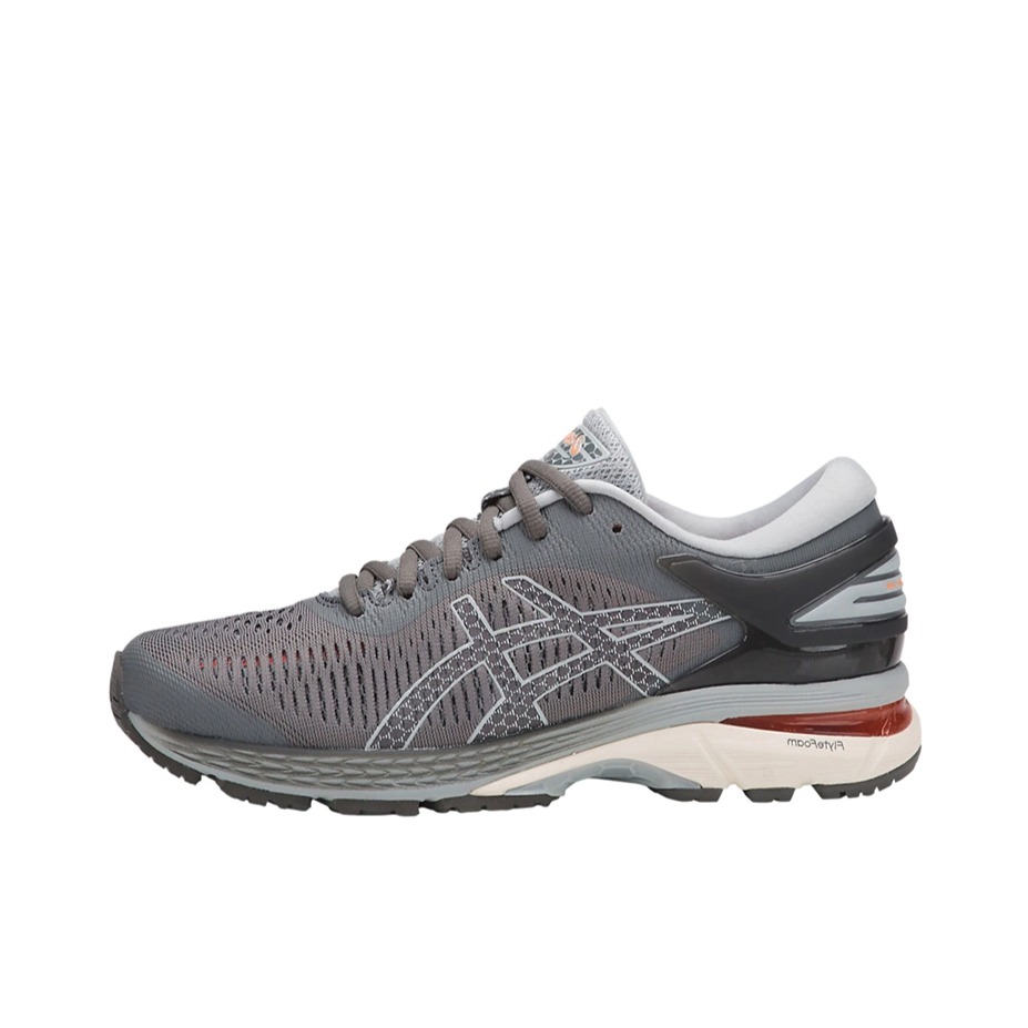 推荐商品：Asics/亚瑟士 Gel-Kayano 25 跑鞋 稳定支撑缓震回弹防滑耐磨轻便透气复古织物 Carbon/Mid Grey 女款/灰白/红色