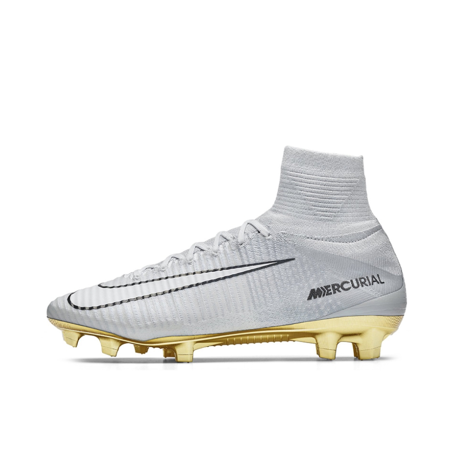 推荐商品：Nike Mercurial Superfly V FG 顶级 胶质长钉 硬草地天然草地 减震 防滑 耐磨 轻便 舒适 足球鞋 灰色/金色