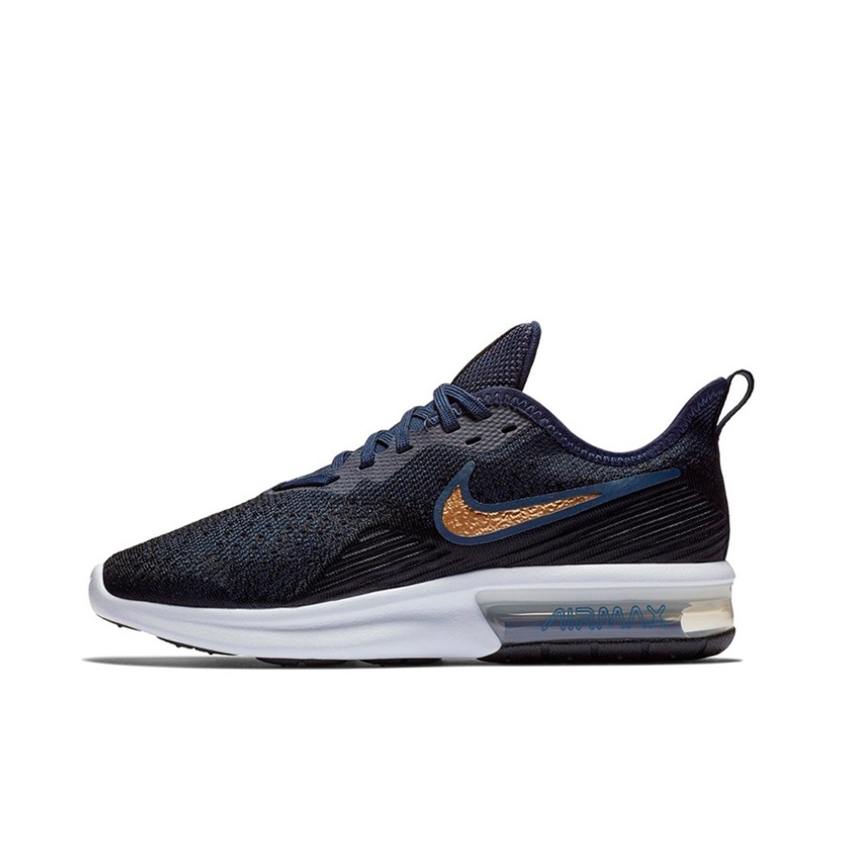 推荐商品：Nike Air Max Sequent 4 跑鞋 舒适透气防滑耐磨减震回弹合成革复古百搭 Black/Metallic Gold 藏蓝/金色