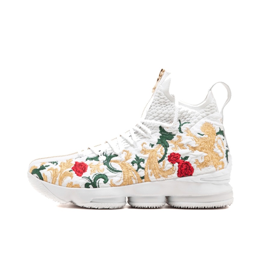 推荐商品：Nike Zoom LeBron 15 防滑耐磨 舒适透气 圆头 织物 实战 运动 篮球鞋 Performance KITH King's Cloak KITH联名/白花卉刺绣