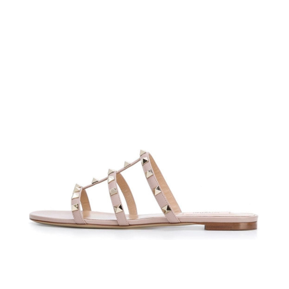 推荐商品：Valentino 皮革 简约休闲 时尚百搭 舒适轻便 一字 橡胶 平底 铆钉 凉鞋 WW2S0C49VOD56Y 粉色/棕色