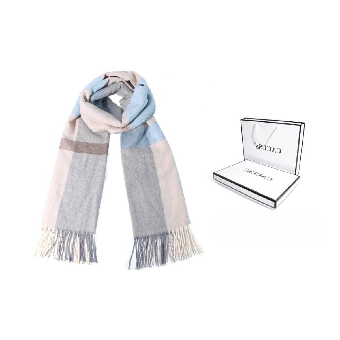 推荐商品：CACUSS 保暖格纹针织羊毛流苏边护颈外搭围巾 W0333LH