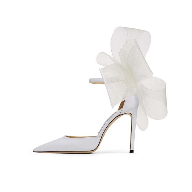 推荐商品：Jimmy Choo Averly 100 蝴蝶结饰 网眼透气 细跟 时尚潮流 高跟鞋 白色