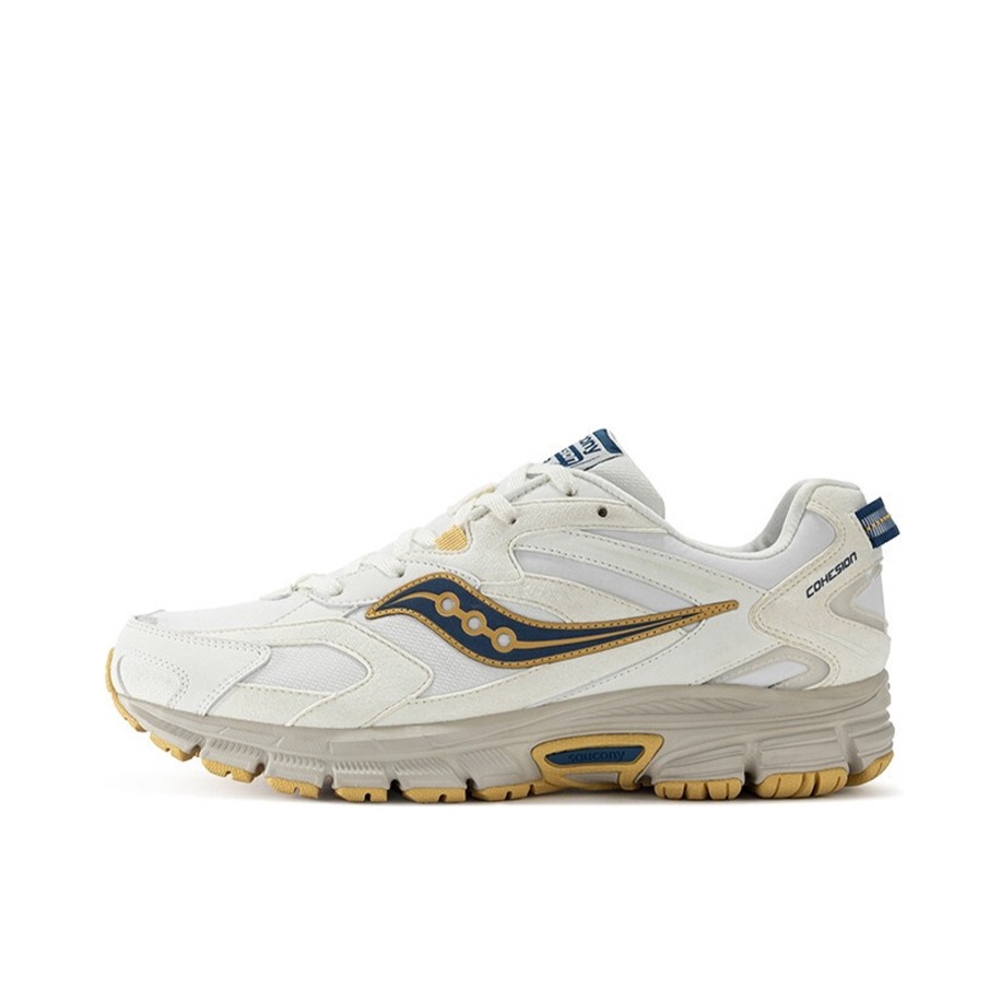 推荐商品：Saucony/索康尼 Cohesion Classic 凝聚 复古 减震 网布透气 防滑耐磨 轻质 织物 合成革 运动 跑鞋 米色/藏蓝