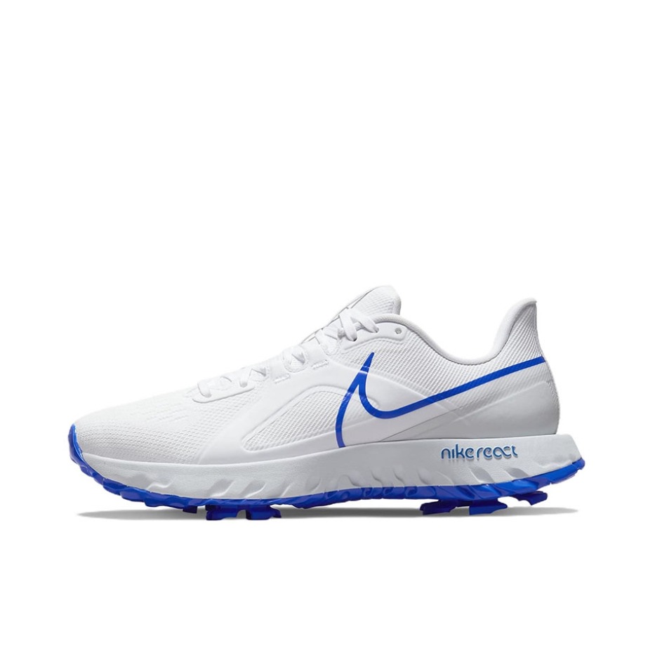 推荐商品：Nike React Infinity Pro 防滑耐磨 舒适透气 织物 高尔夫鞋 白色/白金色/赛车蓝
