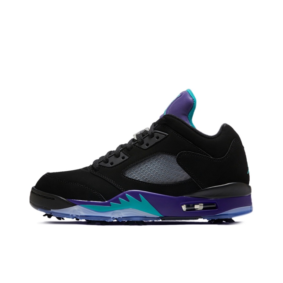 推荐商品：Air Jordan 5 Golf 合成革 翻毛皮 耐磨 复古 防滑 扎染 高尔夫鞋 Black Grape 黑色/葡萄紫/翡翠绿