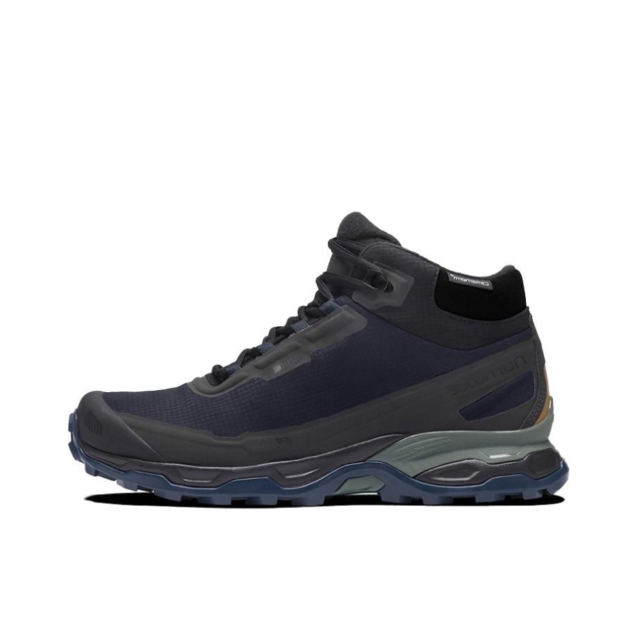 推荐商品：Salomon/萨洛蒙 Shelter CS WP 舒适耐磨 越野徒步 登山 户外鞋 Carhartt WIP联名/黑色/深蓝