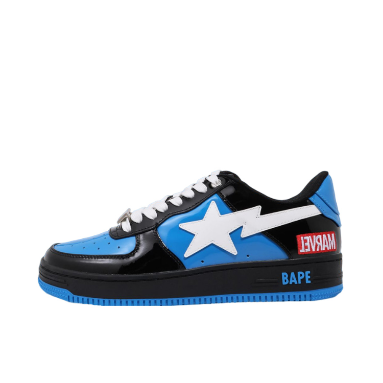 推荐商品：Bape Sta 板鞋 拼接舒适皮革防滑耐磨系带圆头时尚简约复古百搭牛皮压纹平跟徽标星星图案 Marvel联名/黑色/蓝色