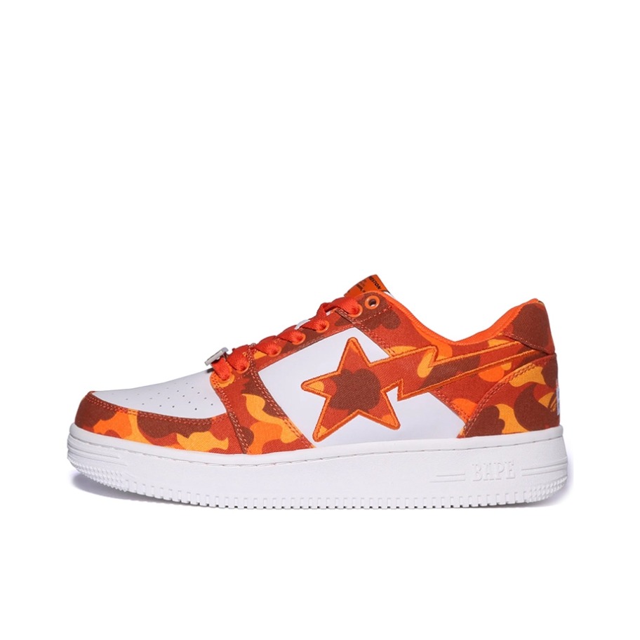 推荐商品：Bape Sta 板鞋 拼接舒适皮革防滑耐磨系带圆头时尚简约复古百搭牛皮压纹平跟徽标星星图案 Heron Preston联名/白色/橙色