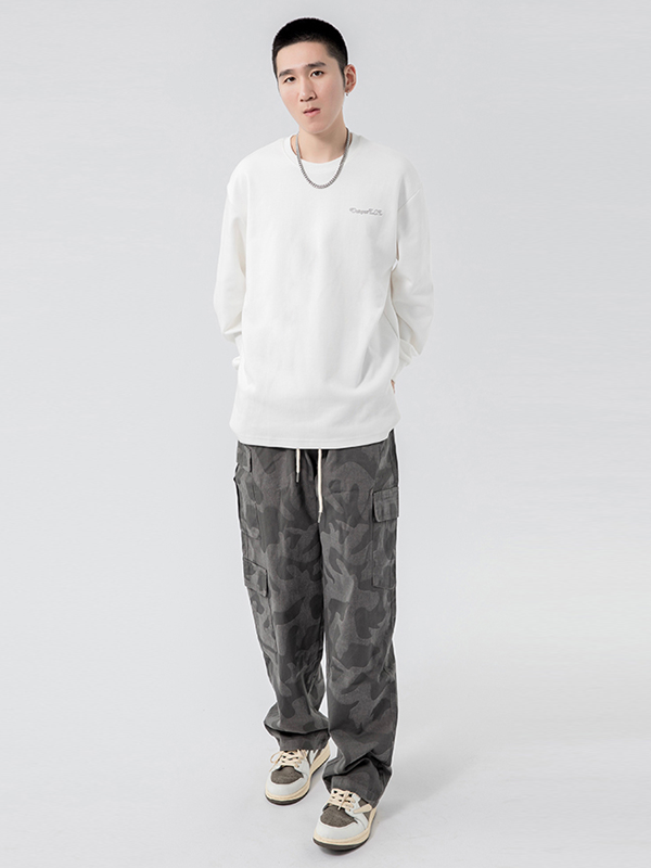 推荐商品：OCTOPUS L.C.L 美式迷彩抽绳加绒直筒工装裤 T0485 迷彩灰