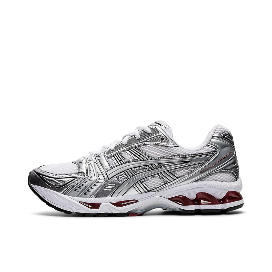 推荐商品：Asics/亚瑟士 Gel-Kayano 14 跑鞋 舒适减震防滑耐磨网面百搭复古慢跑 银白/红色