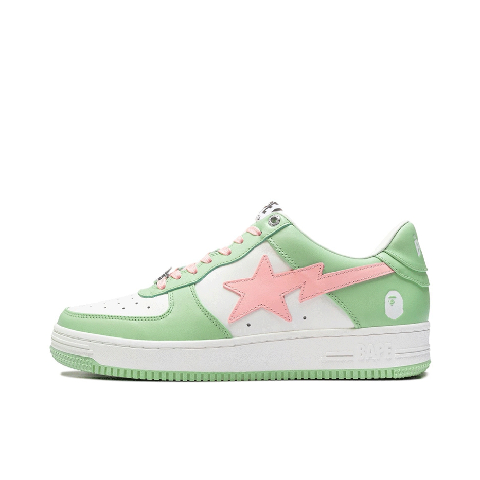 推荐商品：Bape Sta 板鞋 拼接舒适皮革防滑耐磨系带圆头时尚简约复古百搭牛皮压纹平跟徽标星星图案 薄荷绿色