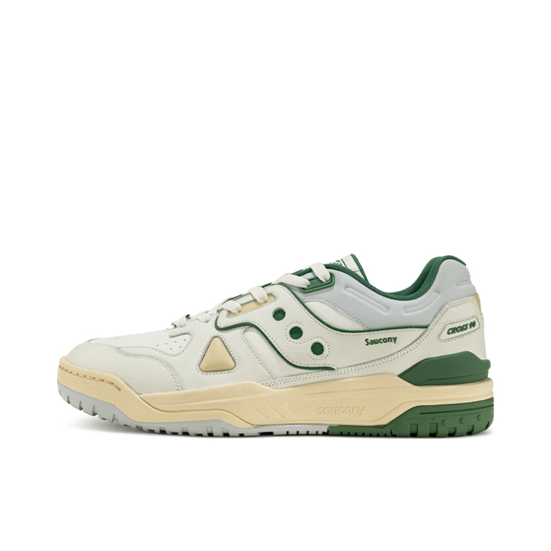 推荐商品：Saucony/索康尼 Cross 90 复古百搭 潮流 防滑耐磨 合成革 真皮 透气 增高 板鞋 运动休闲鞋 米色/绿色