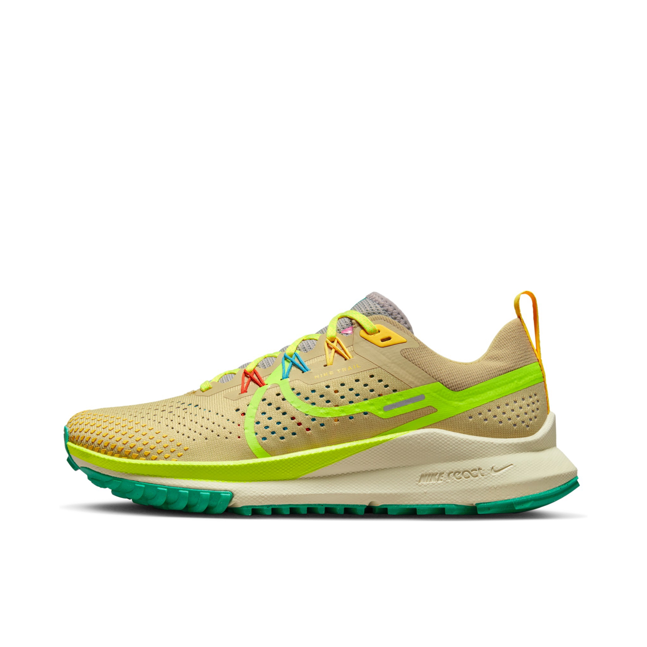 推荐商品：Nike React Pegasus Trail 4 飞马 跑鞋 缓震户外越野防水防滑织物支撑训练圆头回弹平稳 绿黄色/白色