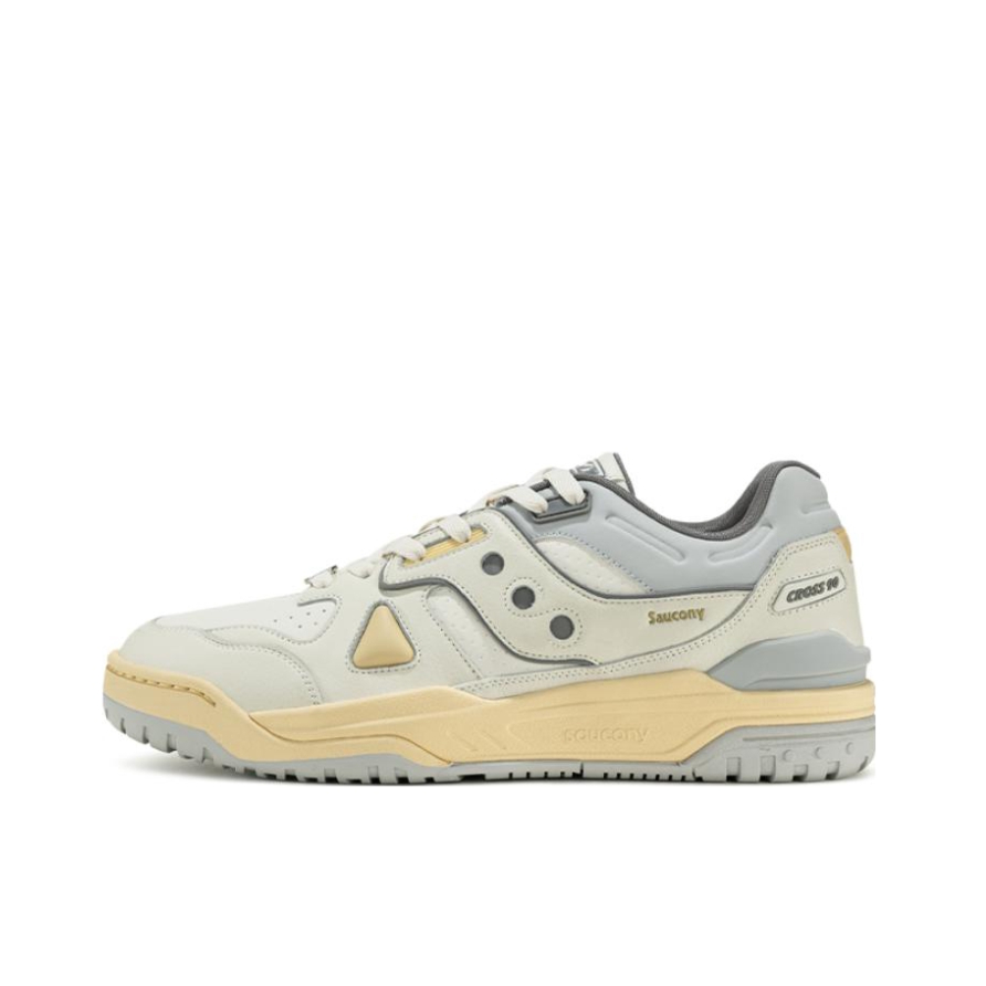 推荐商品：Saucony/索康尼 Cross 90 复古百搭 潮流 防滑耐磨 合成革 真皮 透气 增高 板鞋 运动休闲鞋 米色/灰色