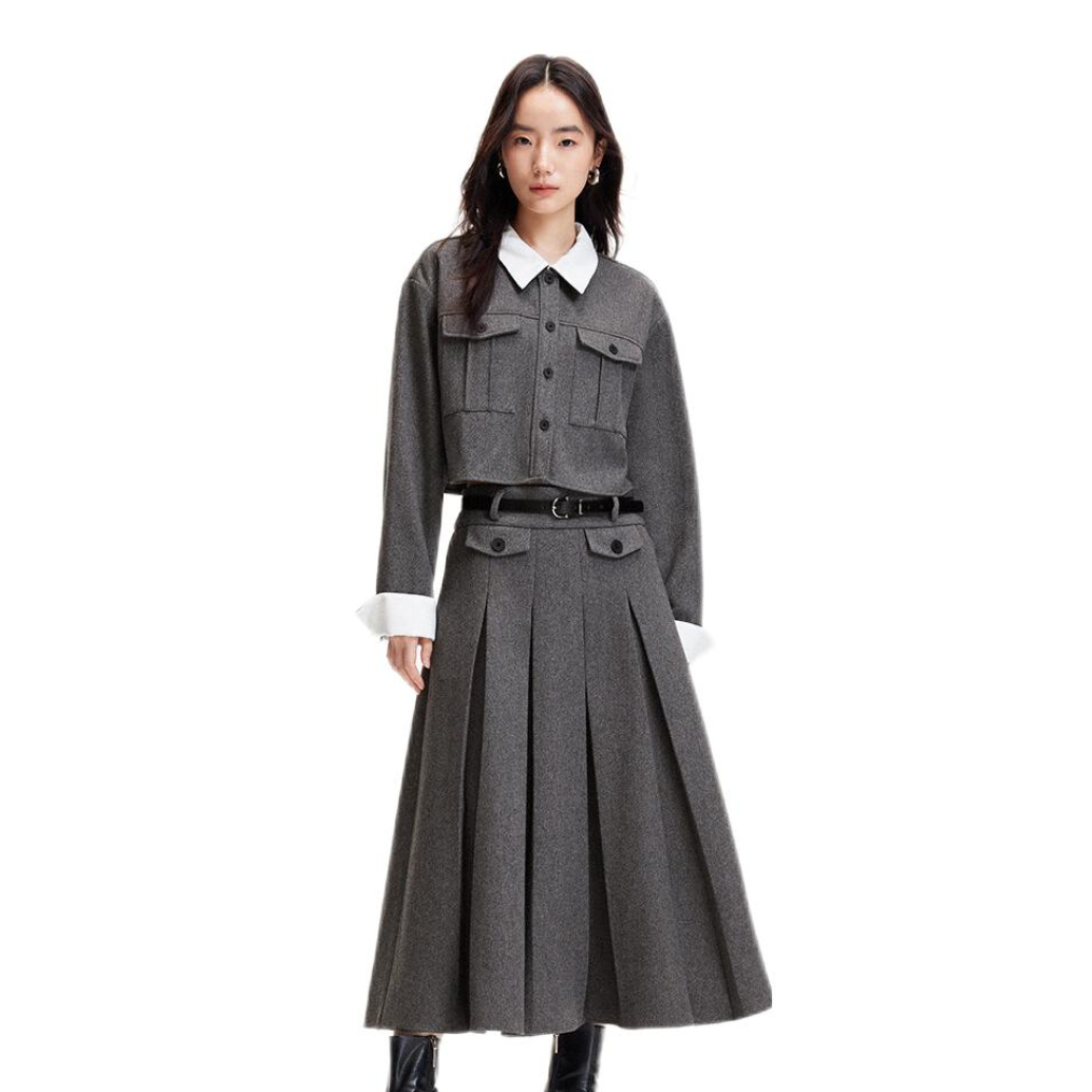 推荐商品：Vero Moda 学院风羊毛A型半身长裙 女装 324405007 花岗石灰