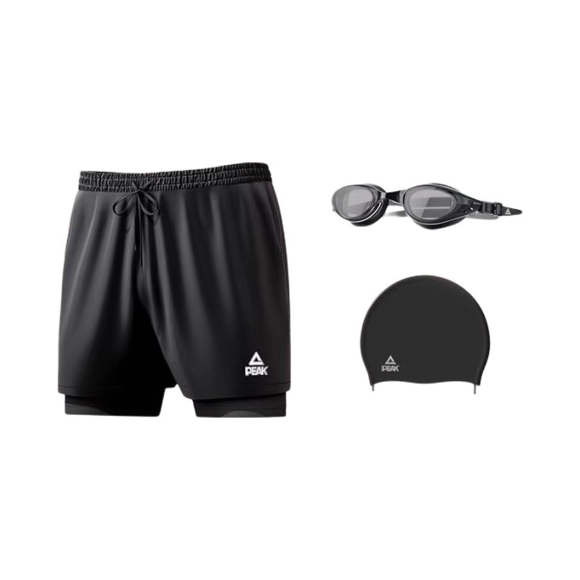 推荐商品：Peak 防尴尬温泉海边泳池装备双层速干聚酯纤维中腰男士五分裤平角泳裤 YS03110 经典三件套/黑泳裤+黑泳镜+黑泳帽
