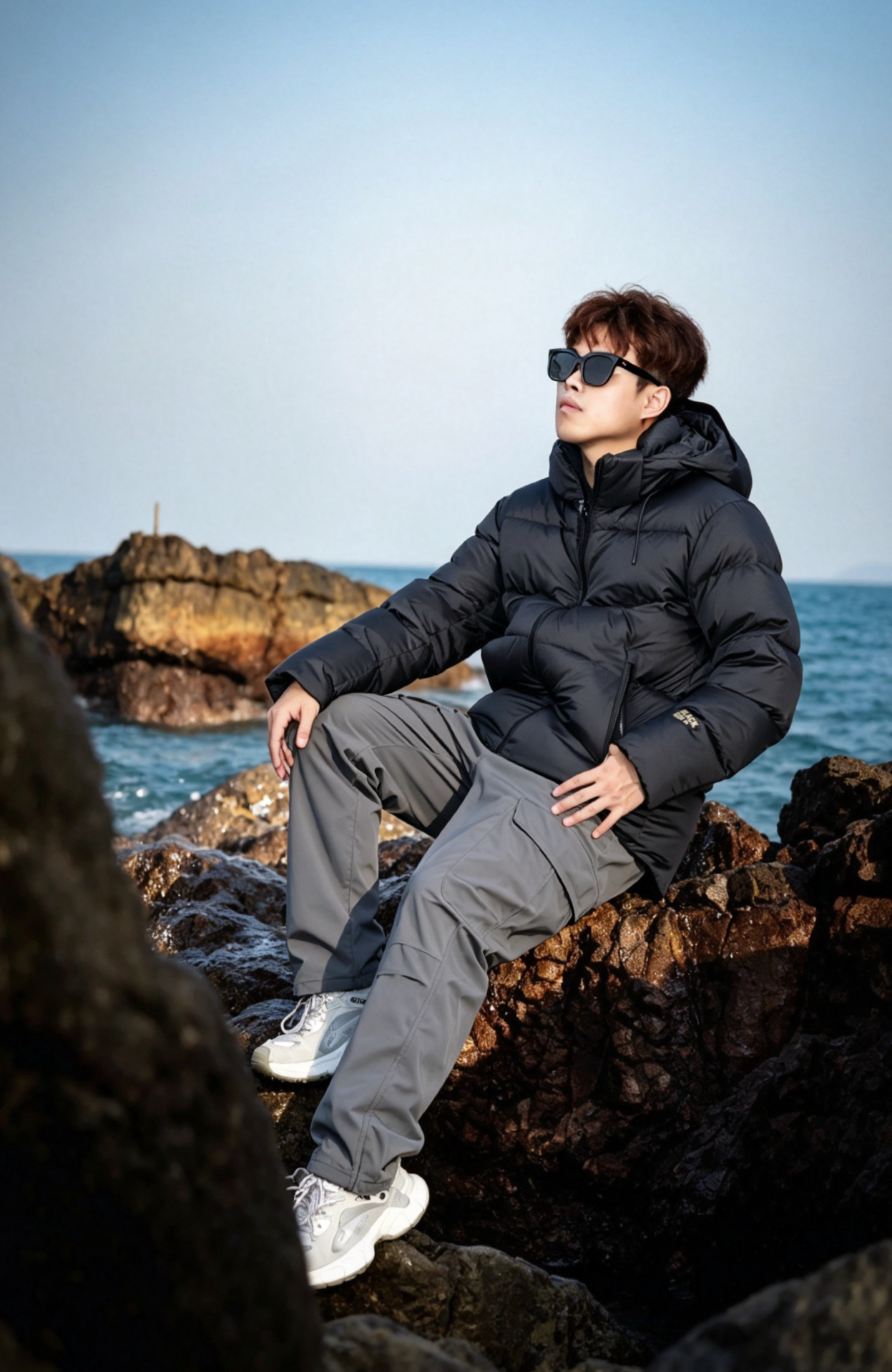 海边礁石秋冬穿搭🌊黑羽绒拿捏户外松弛感