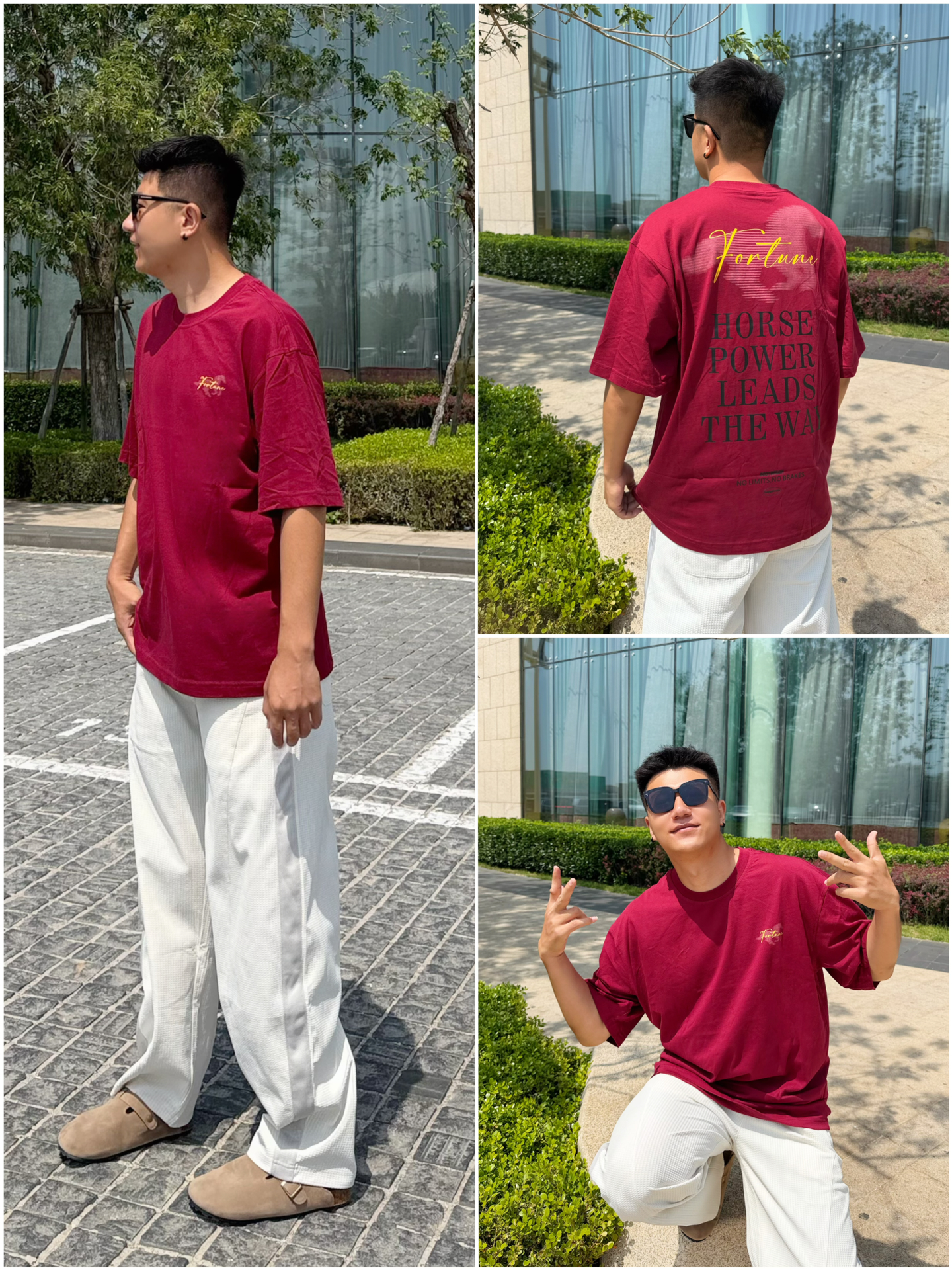 美式街头不设限｜深红T恤白杏色弯刀裤松弛感拉满