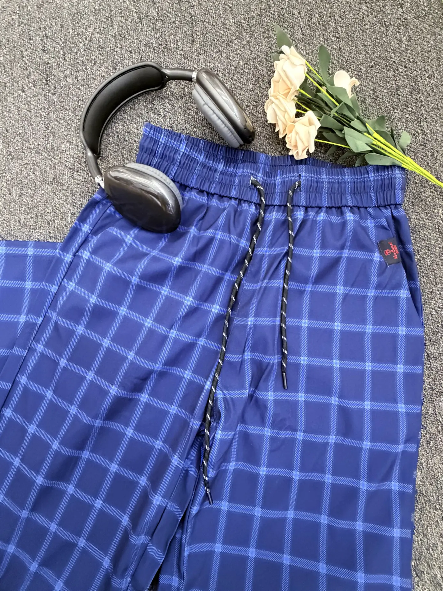 垂坠顺滑蓝格休闲裤|居家出街都适配