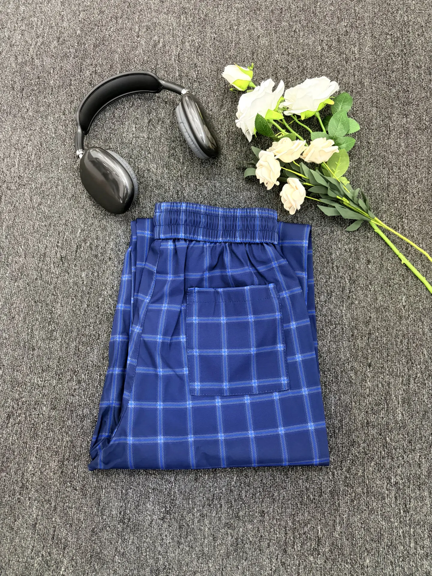 垂坠顺滑蓝格休闲裤|居家出街都适配