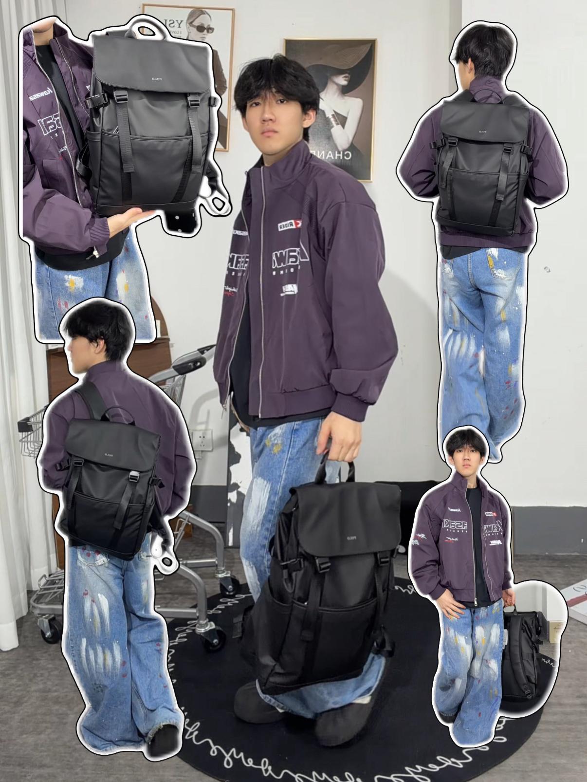 大容量黑色双肩包🎒男生通勤出游穿搭OOTD