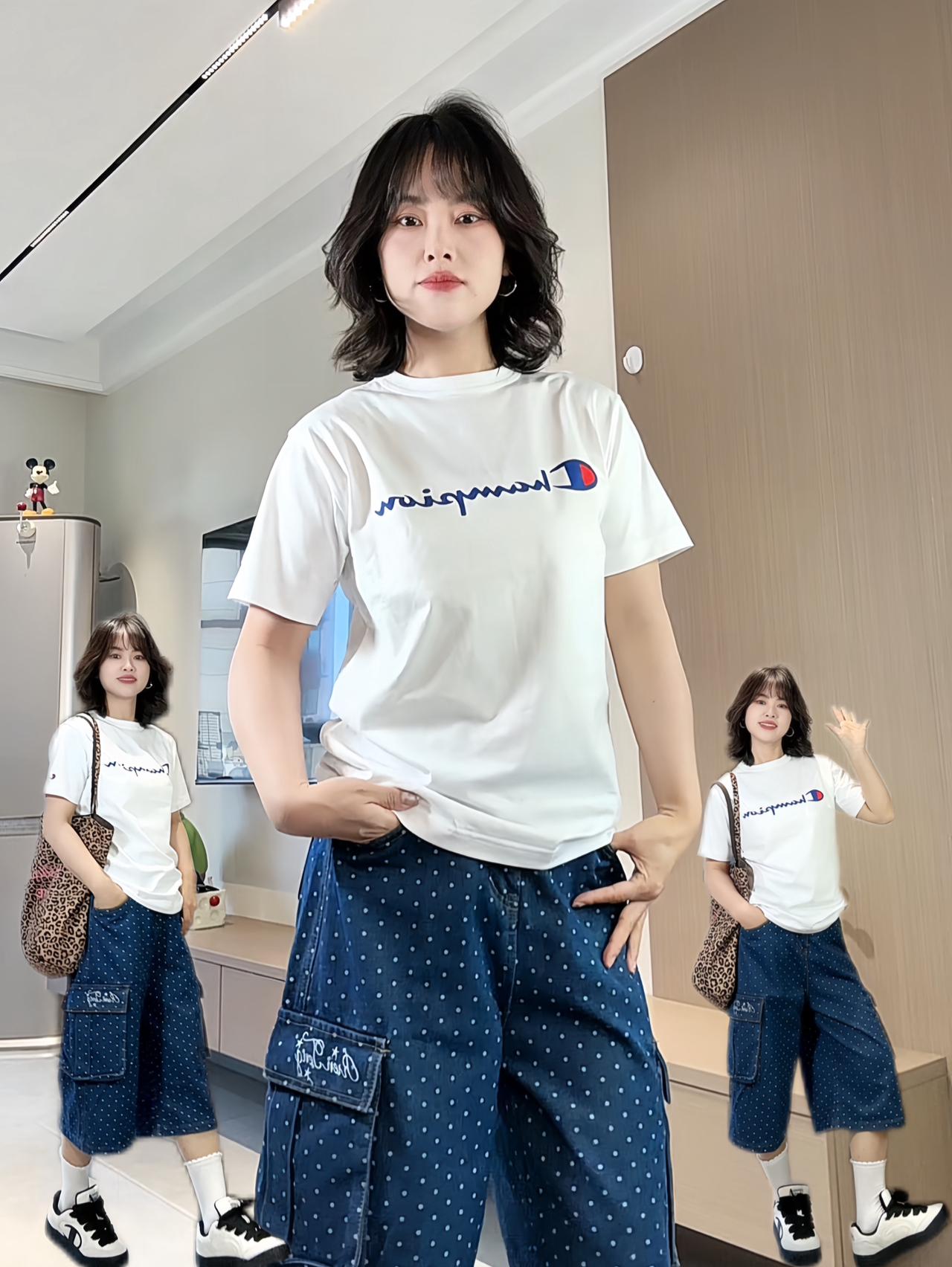 夏日清爽感ootd Champion 白T恤➕牛仔短裤