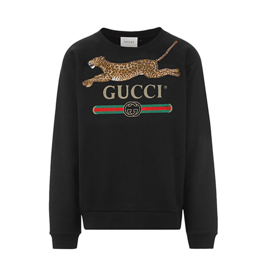 gucci/古奇 黑色纯棉豹子字母条纹卫衣男圆领长袖套头衫