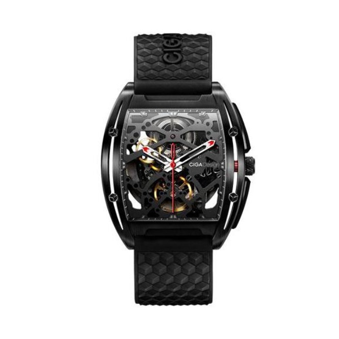 ciga design/玺佳 机械表酒桶镂空防水男士手表 锋芒黑dlc 黑盘,硅胶