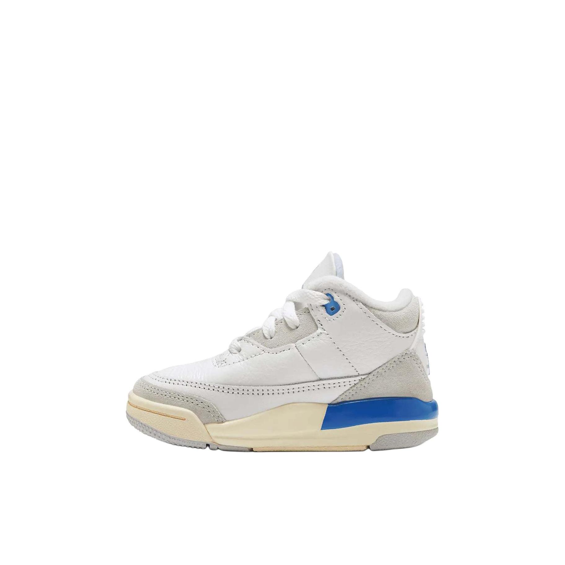 推荐商品：Air Jordan 3 时尚潮流 复古百搭 舒适防踢 防滑耐磨 透气 运动鞋儿童 皮革/婴童/白色/蓝色