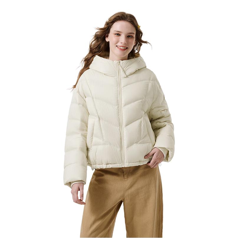 推荐商品：坦博尔 防风纯色连帽保暖长袖短款羽绒服 女装 TB5330278D 奶芙米