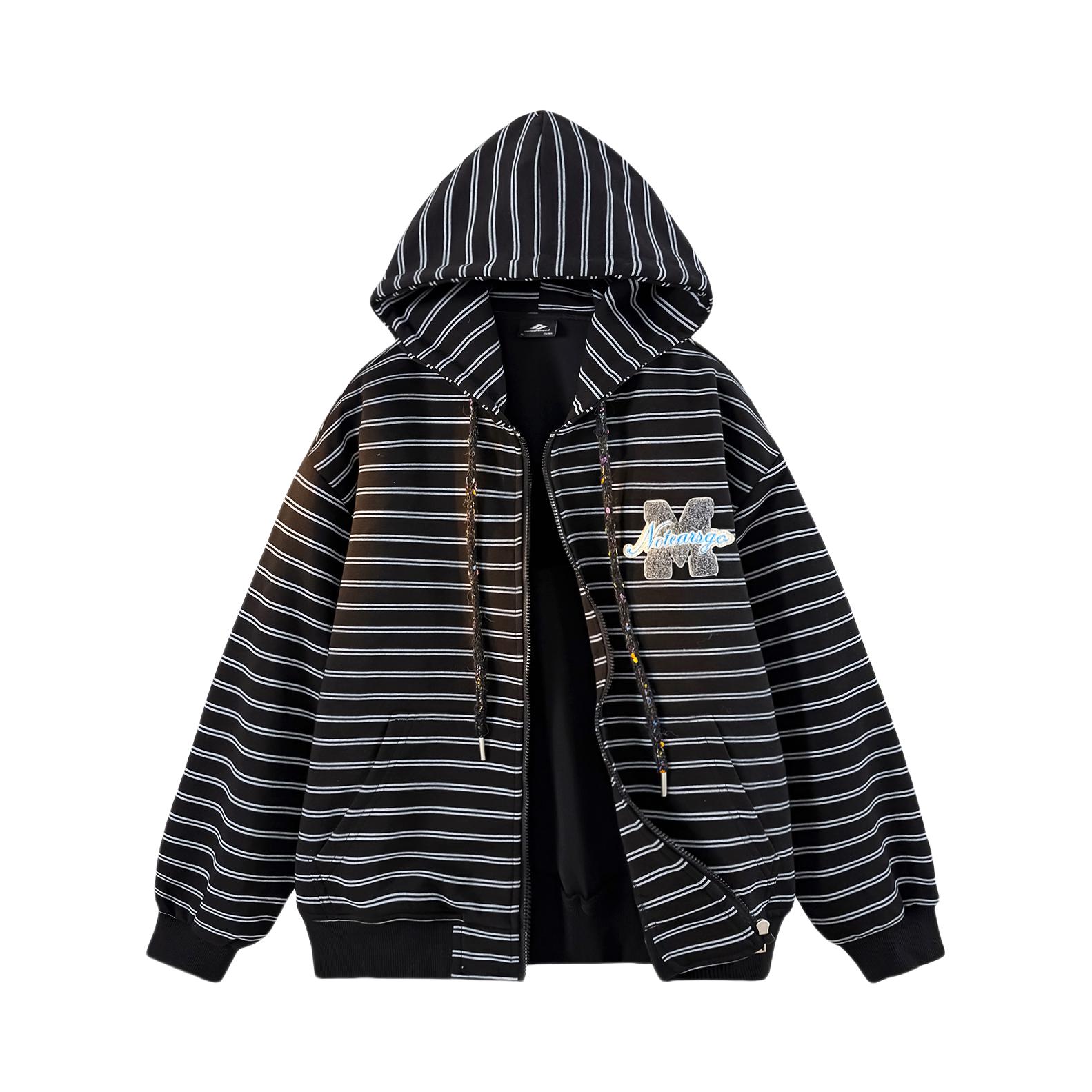 No Tears/No Tears 重磅彩虹条纹撞色重工情侣开衫连帽长袖卫衣 NOTTZ55SY 黑