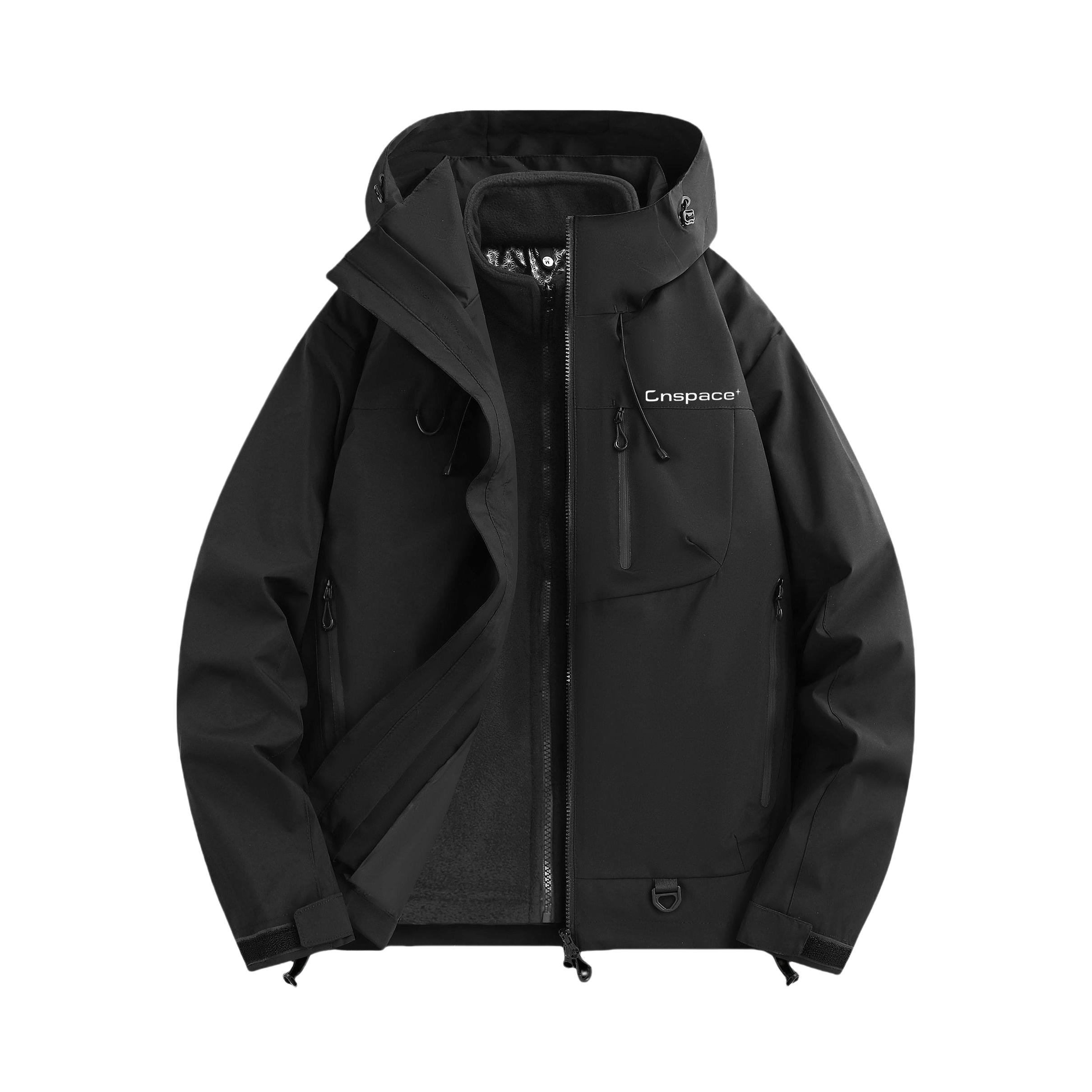 推荐商品：中国航天 拉链三合一摇粒绒内胆可拆卸长袖冲锋衣 HT5AW902004 黑/三合一款 