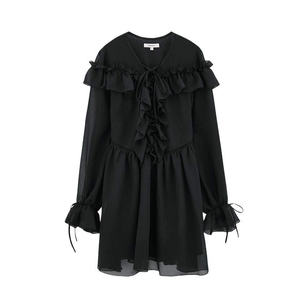 推荐商品：MOUSSY 法式浪漫优雅雪纺长袖连衣裙 女装 028HSZ300571 黑