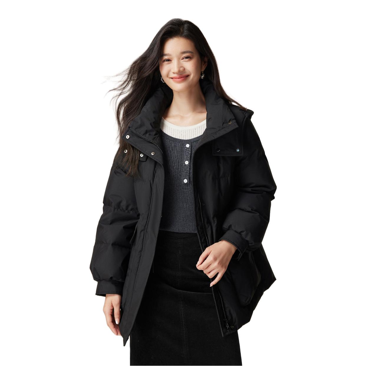 推荐商品：L﹒WEST/朗文斯汀 抽绳收腰防风立领连帽保暖羽绒服 女装 DTMA4509A12728 黑