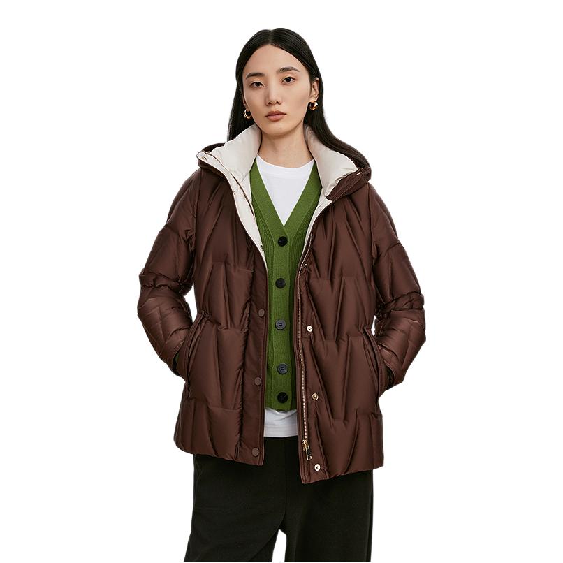 推荐商品：LANCY 白鸭绒保暖亲肤连帽长袖羽绒服 女装 LCEH01OJK262 深棕