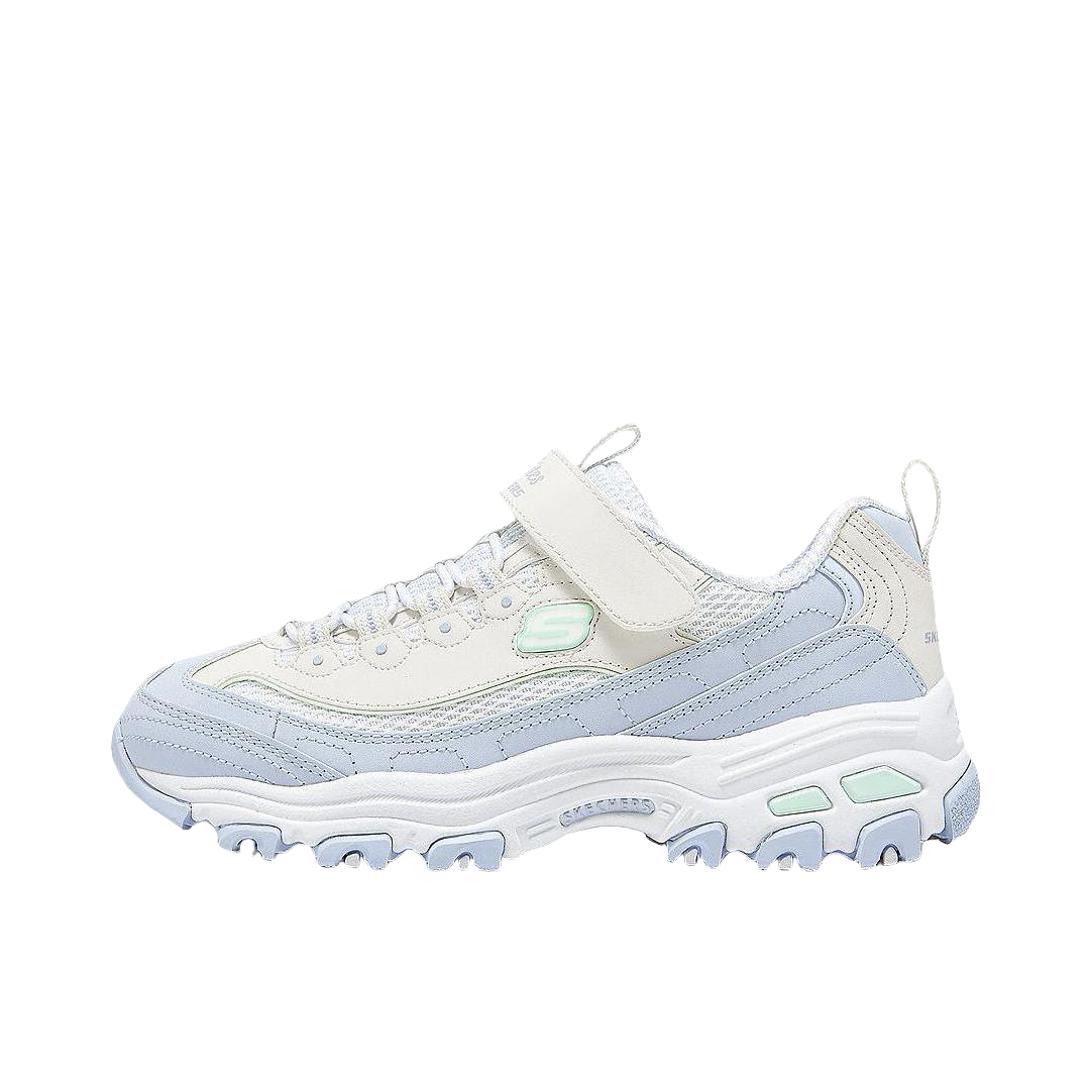 推荐商品：Skechers/斯凯奇 D'Lites 防滑耐磨 减震回弹 舒适透气 复古休闲 百搭简约 时尚 魔术贴缓震网面 运动鞋儿童 大童/白色/浅蓝色