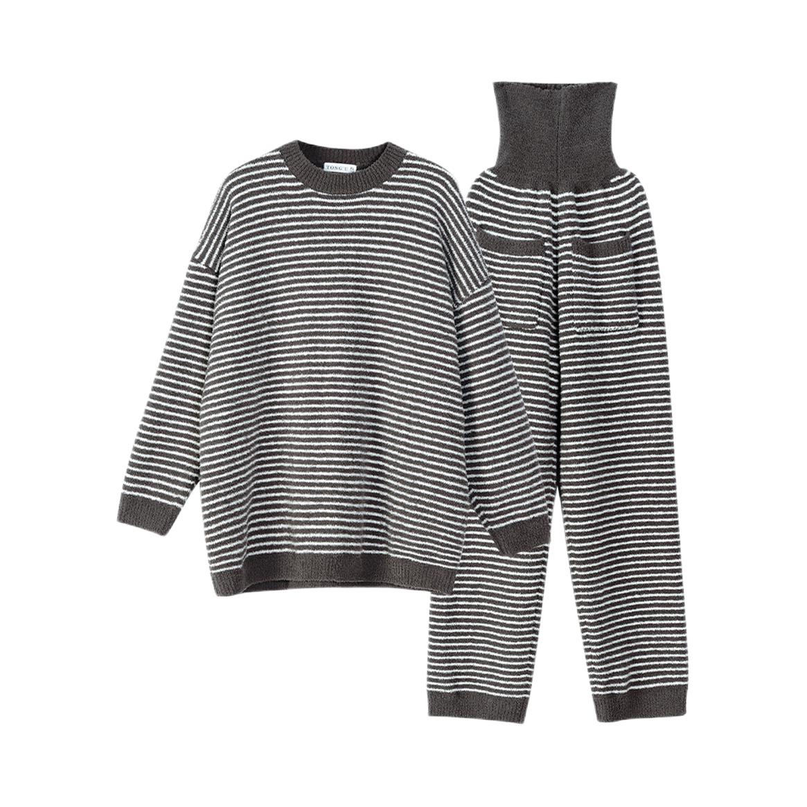 推荐商品：同语 半边绒条纹可外穿长袖睡衣 女装 R3498 豆褐灰谷白色条纹