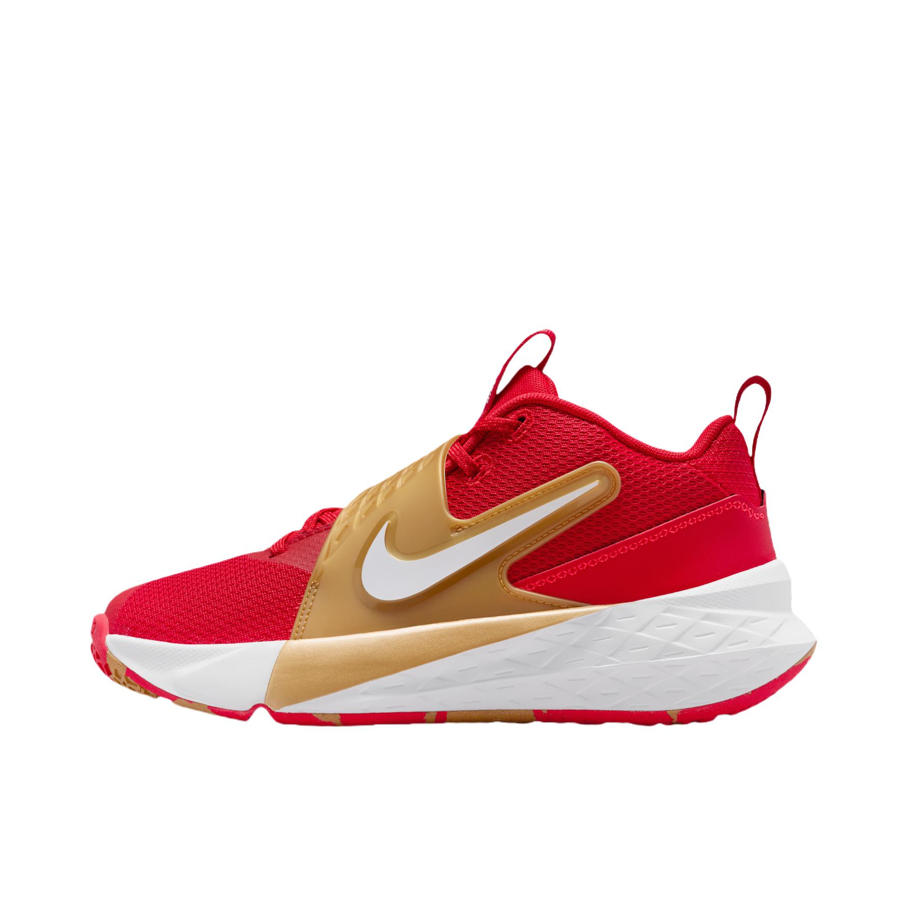 推荐商品：Nike TEAM HUSTLE D 12 舒适缓震 网面 防滑耐磨 抓地 时尚百搭 魔术贴 美观 训练 冬季 易穿脱 贴合 抗扭 篮球鞋 大童/大学红/白色/金属金/亮深红