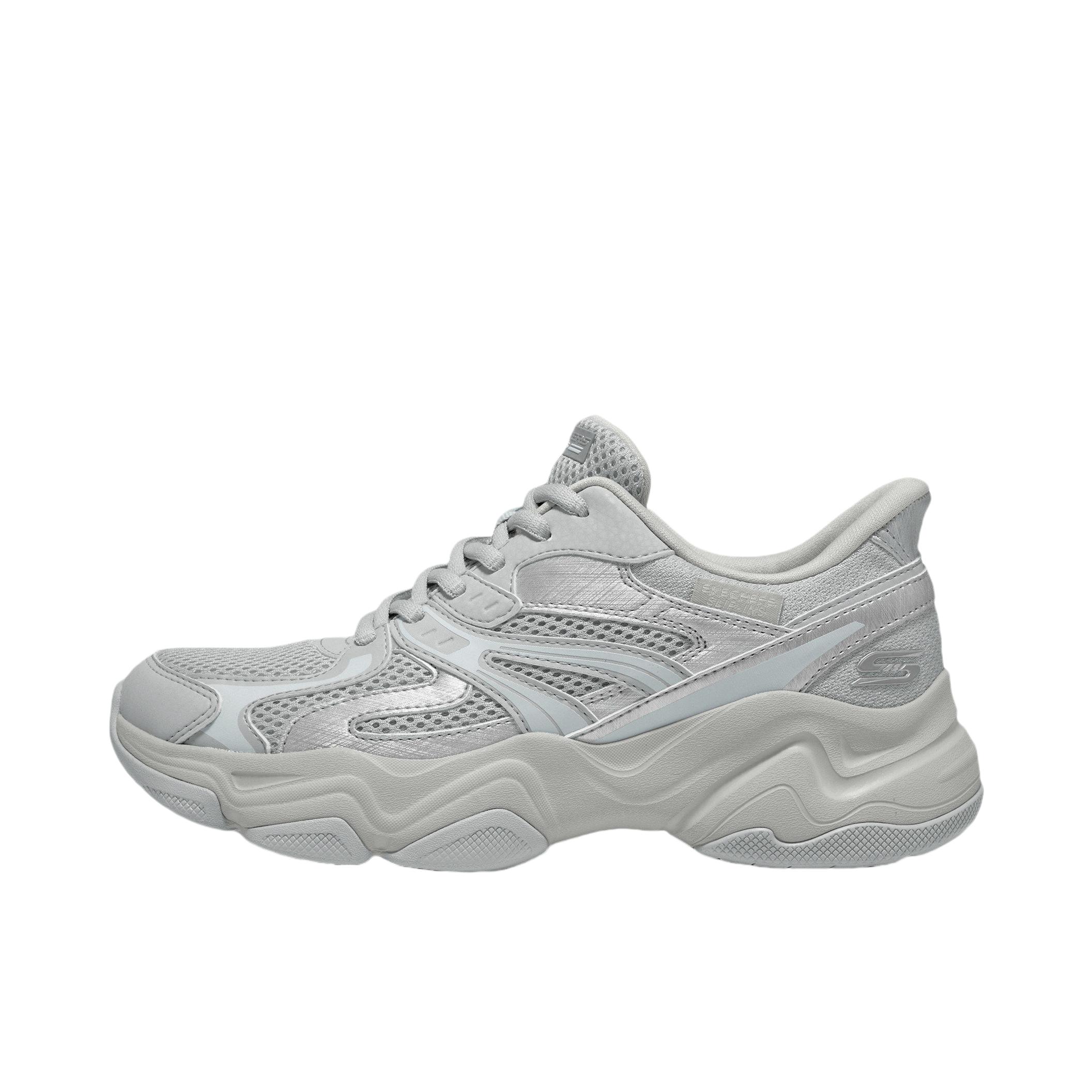 推荐商品：Skechers/斯凯奇 DLITES 老爹鞋 时尚透气减震耐磨人造革网布支撑增高一脚蹬轻便防滑 女款/浅灰色