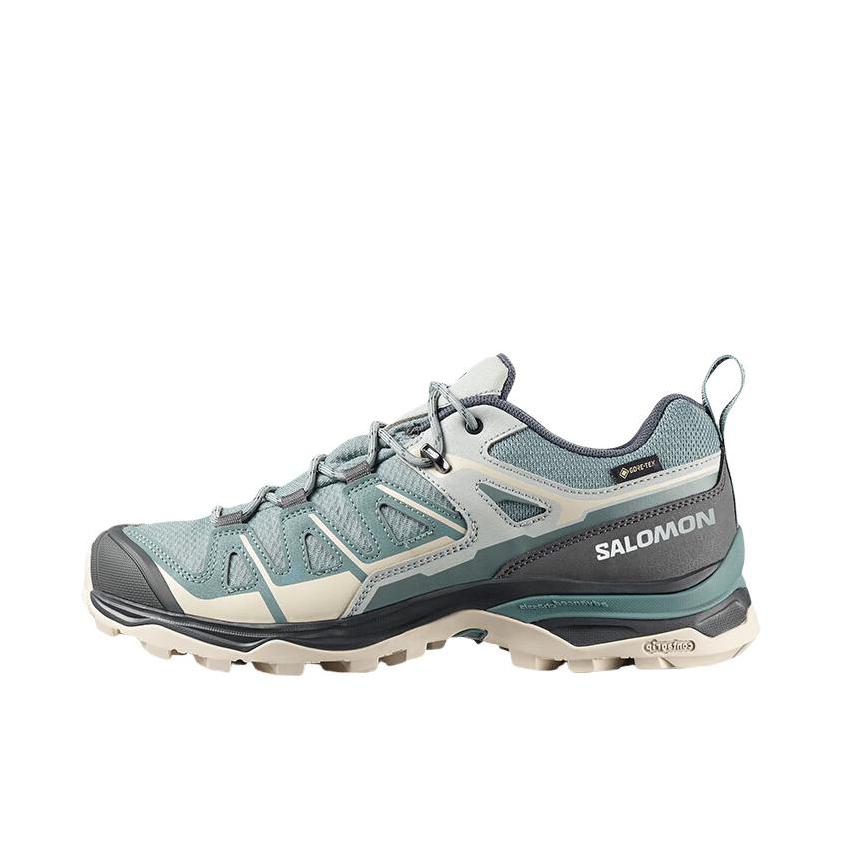 推荐商品：Salomon/萨洛蒙 X Ultra Pioneer 2 GTX 轻量 稳定 抓地 防水 户外鞋 徒步鞋 女款/浅灰色/蓝色