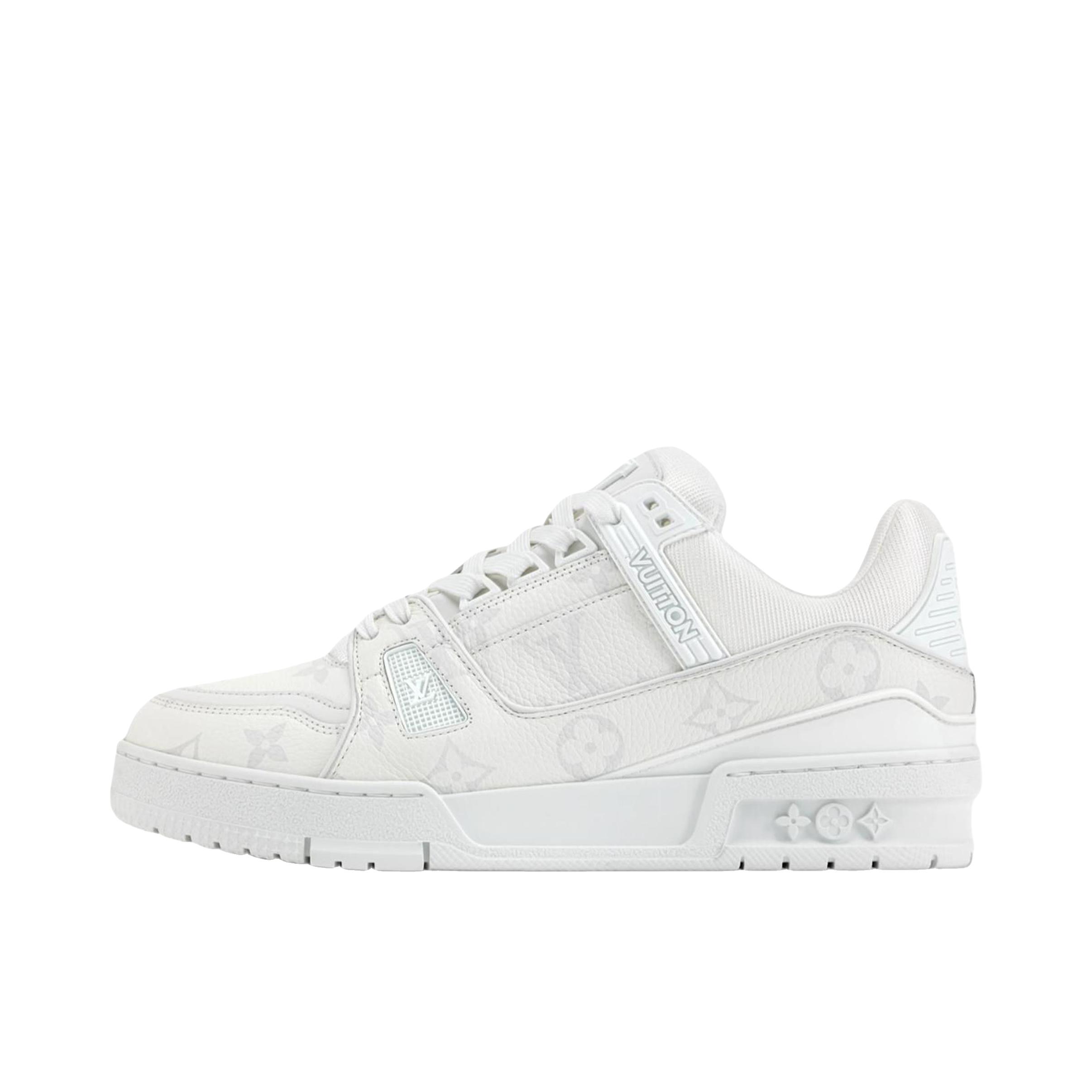 推荐商品：Louis Vuitton Trainer系列 网眼 舒适防滑 时尚潮流 圆头拼接 牛皮革 压纹 板鞋 女款/灰色/白色