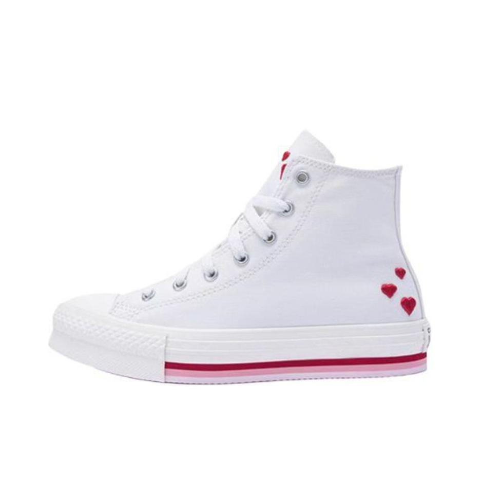 推荐商品：Converse/匡威 Chuck Taylor All Star Lift 帆布鞋 简约复古经典防滑耐磨舒适厚底圆头甜酷贴合松糕底流光风 大童/米白色/红色